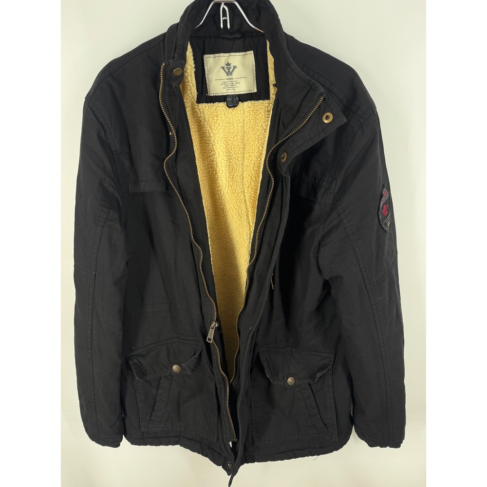 Wenven Men Black Sherpa Lined Field Jacket Military Style Workwear Jacket Size M